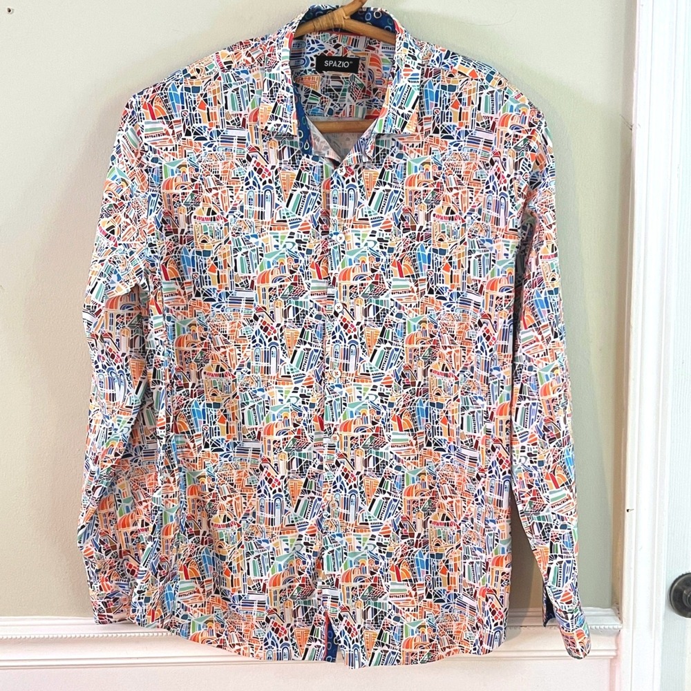 Spazio Button Down Shirt XL Mens Abstract Cityscape Mosaic Long Sleeve Vivid
